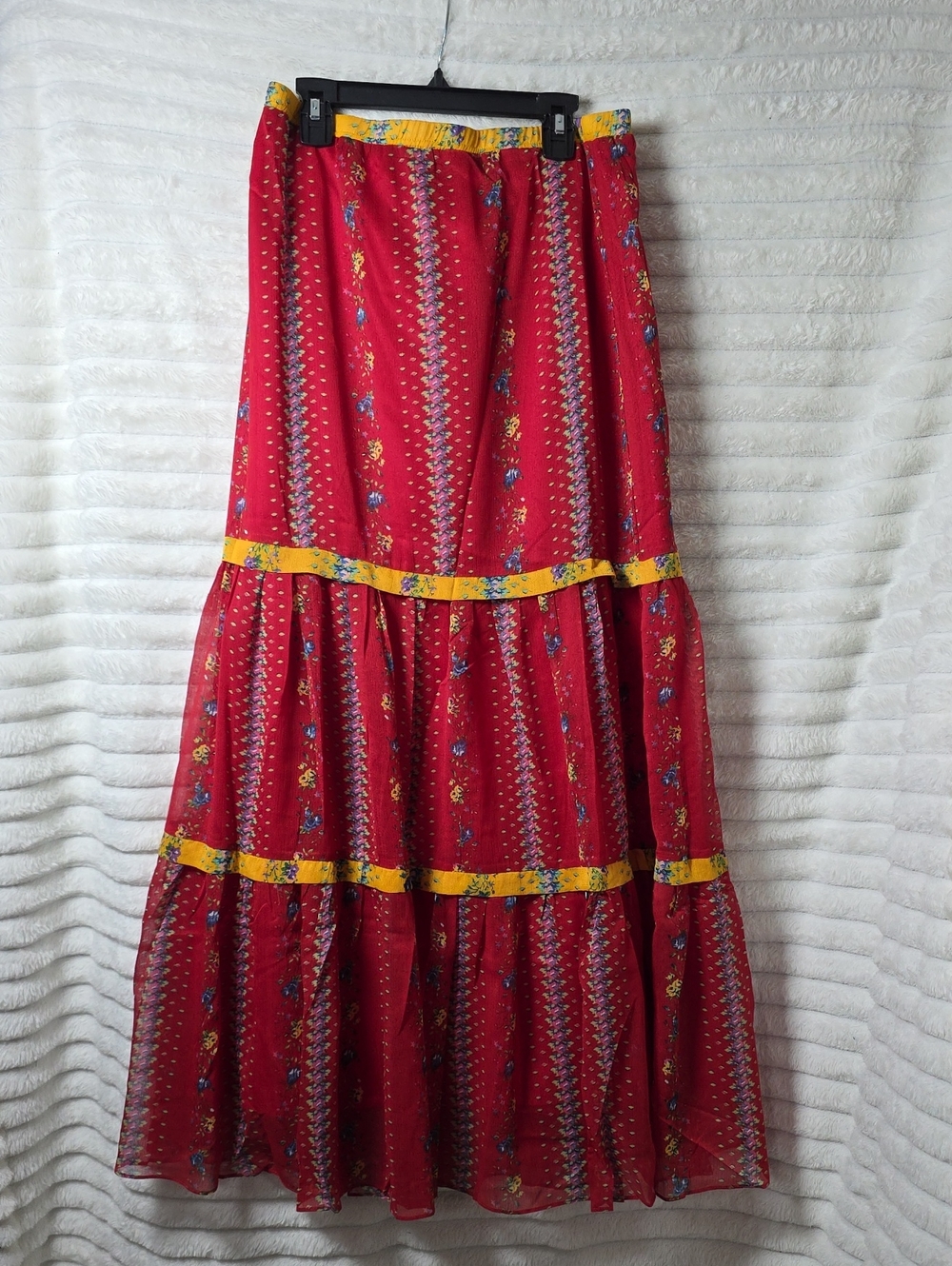 Tulip B Red Tiered Bohemian Maxi Skirt with Yellow Trim; Small